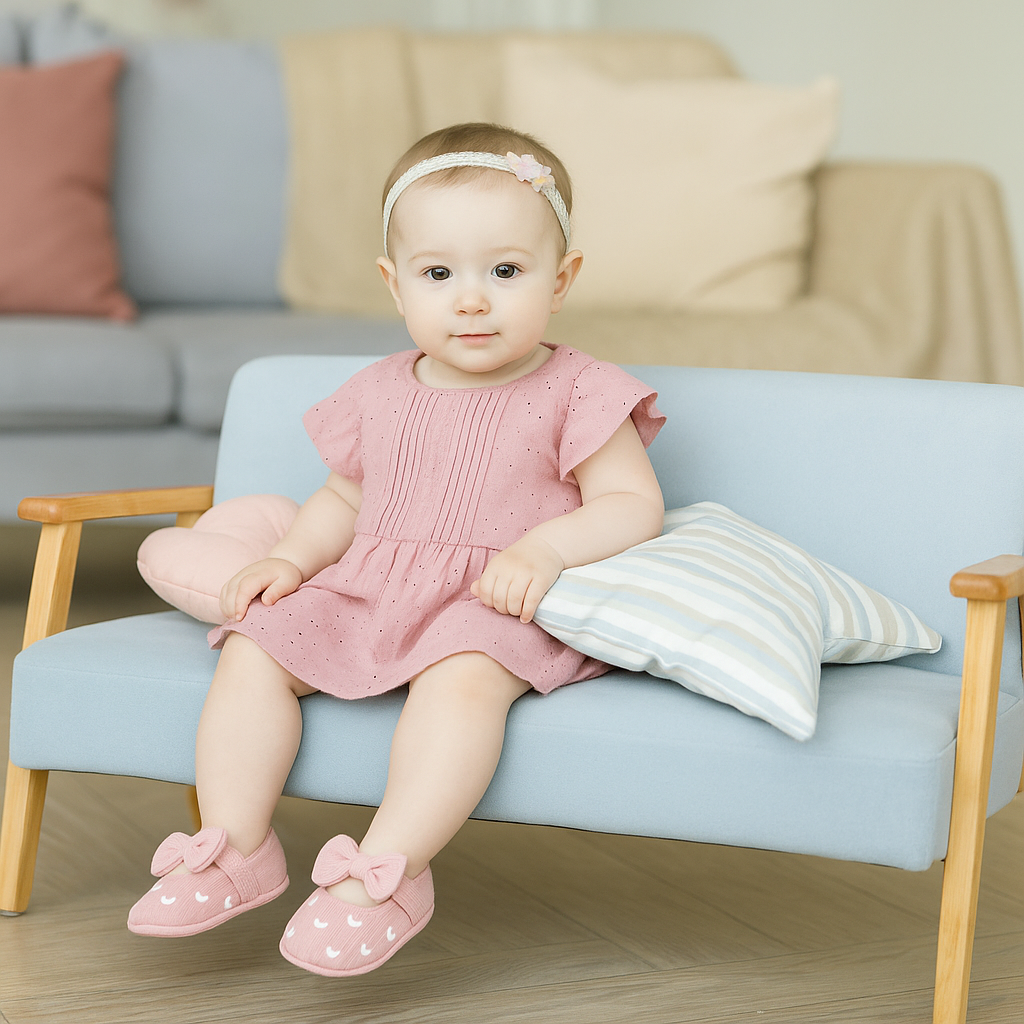 Chaussure Bébé Fille Coton 0-18 Mois – Nœud Papillon, Fermeture Zip, Respirant, Lavable 30° | BowStep by TrioNest™ Mon Adorable Bébé