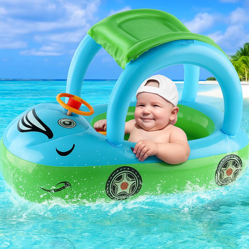 Bouée Bébé Voiture AquaDrive™ – Ombrelle Anti-UV, Volant Interactif & Flotteurs Stables 3-6 Ans | TrioNest™ Mon Adorable Bébé