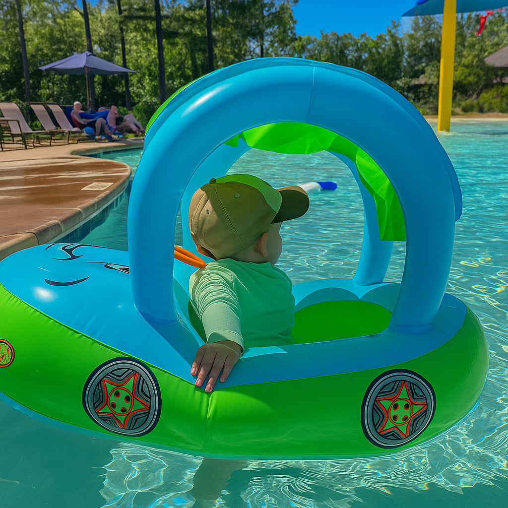 Bouée Bébé Voiture AquaDrive™ – Ombrelle Anti-UV, Volant Interactif & Flotteurs Stables 3-6 Ans | TrioNest™ Mon Adorable Bébé