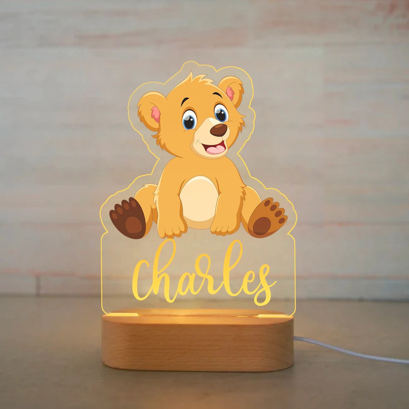 Veilleuse Bébé Personnalisée Motifs Animaux – Hologramme 3D, Socle Bois, USB | TrioNest™