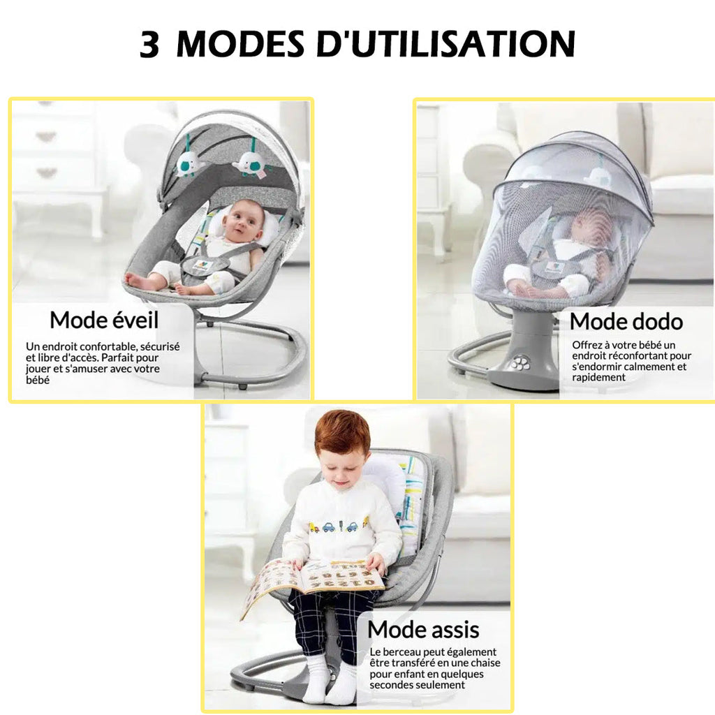 Balancelle Électrique pour Bébé | TrioNest™ – 15 Musiques, Bluetooth, 5 Vitesses, Harnais 5 Points, 3 Coloris mon adorable bebe