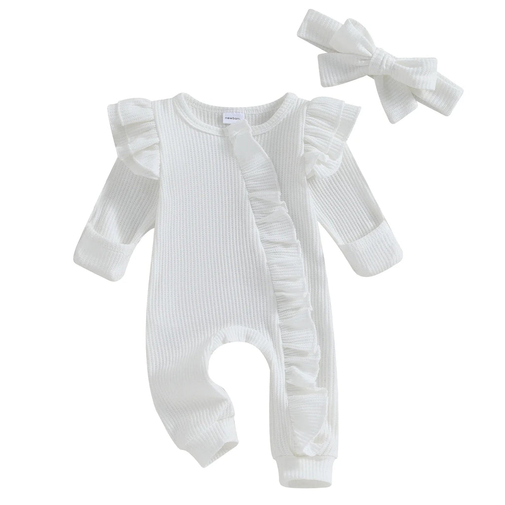 Barboteuse Bébé Fille À Nœud – Tissu Côtelé, Volants, Fermeture Éclair, Coton Respirant, Polyvalente | RibBow by TrioNest™ Mon Adorable Bébé