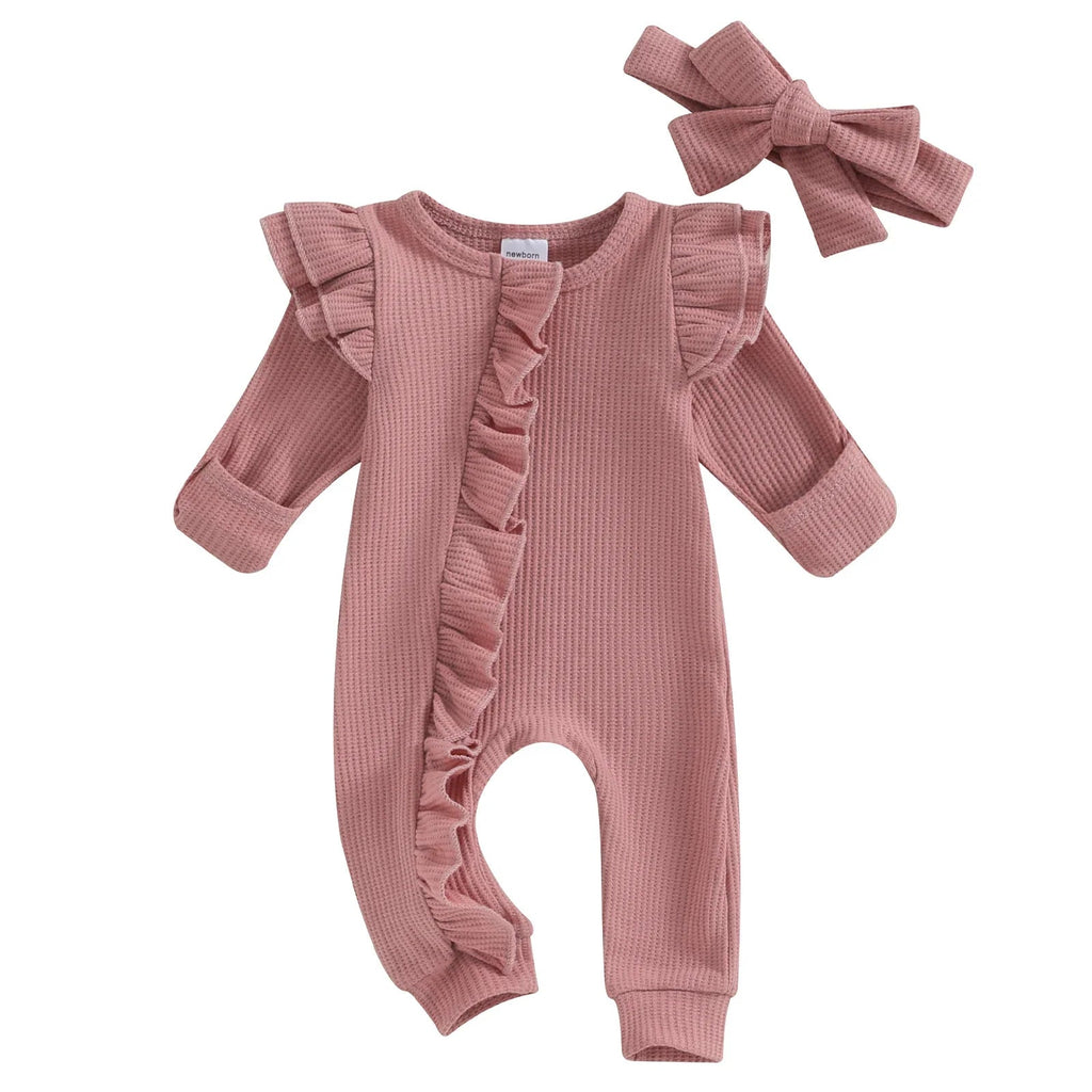 Barboteuse Bébé Fille À Nœud – Tissu Côtelé, Volants, Fermeture Éclair, Coton Respirant, Polyvalente | RibBow by TrioNest™ Mon Adorable Bébé