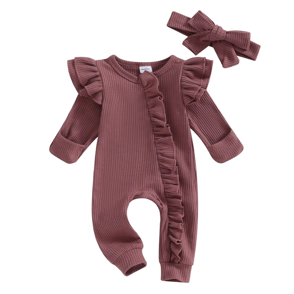 Barboteuse Bébé Fille À Nœud – Tissu Côtelé, Volants, Fermeture Éclair, Coton Respirant, Polyvalente | RibBow by TrioNest™ Mon Adorable Bébé