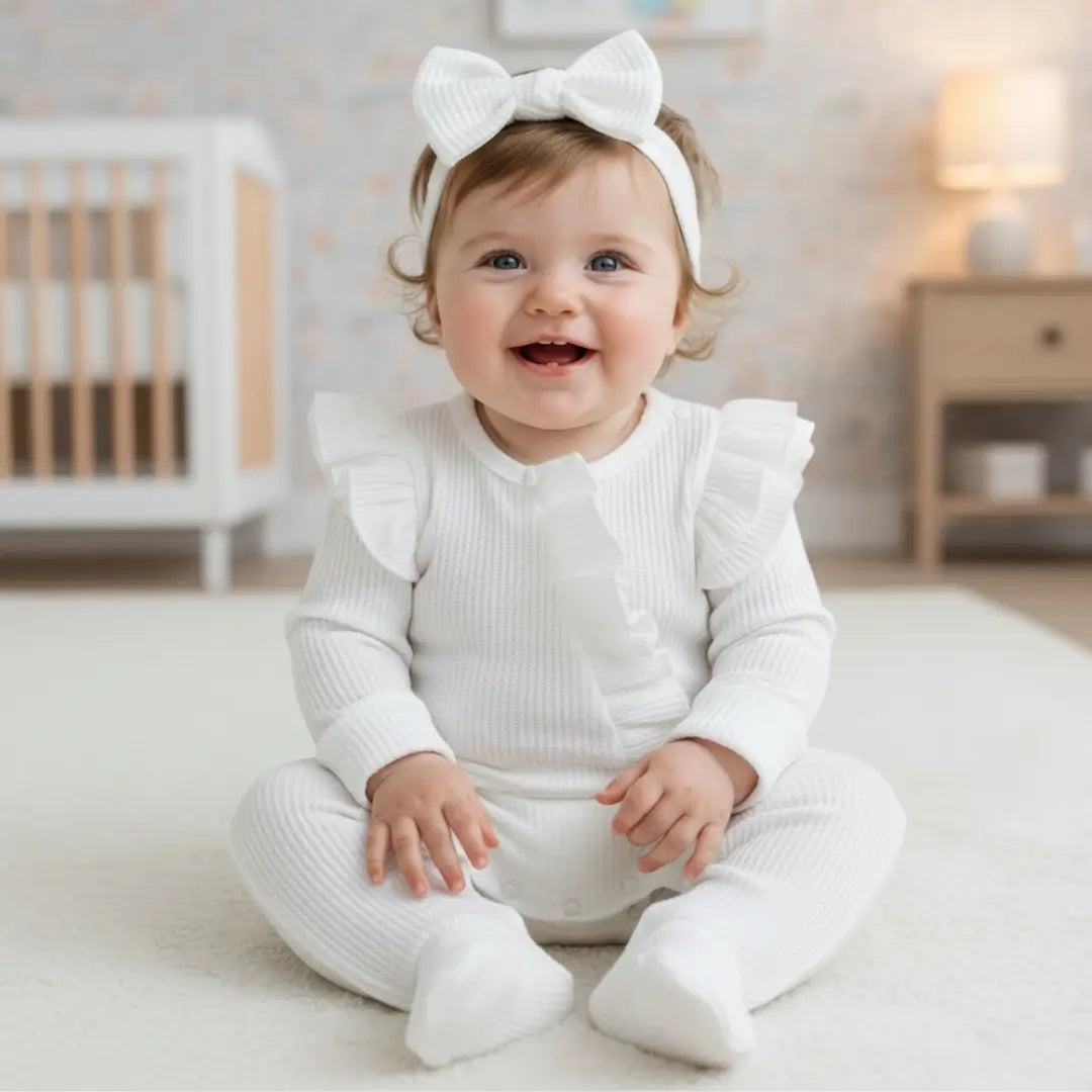 Barboteuse Bébé Fille À Nœud – Tissu Côtelé, Volants, Fermeture Éclair, Coton Respirant, Polyvalente | RibBow by TrioNest™ Mon Adorable Bébé