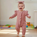 Barboteuse Bébé Fille À Nœud – Tissu Côtelé, Volants, Fermeture Éclair, Coton Respirant, Polyvalente | RibBow by TrioNest™ Mon Adorable Bébé