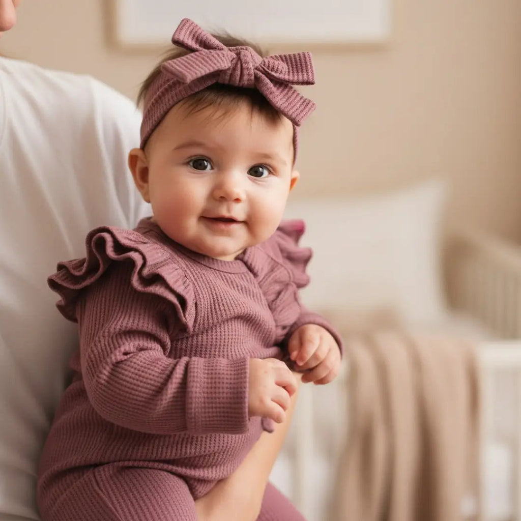Barboteuse Bébé Fille À Nœud – Tissu Côtelé, Volants, Fermeture Éclair, Coton Respirant, Polyvalente | RibBow by TrioNest™ Mon Adorable Bébé