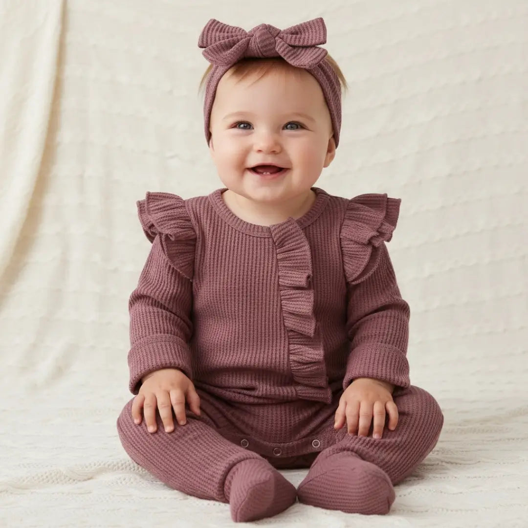Barboteuse Bébé Fille À Nœud – Tissu Côtelé, Volants, Fermeture Éclair, Coton Respirant, Polyvalente | RibBow by TrioNest™ Mon Adorable Bébé