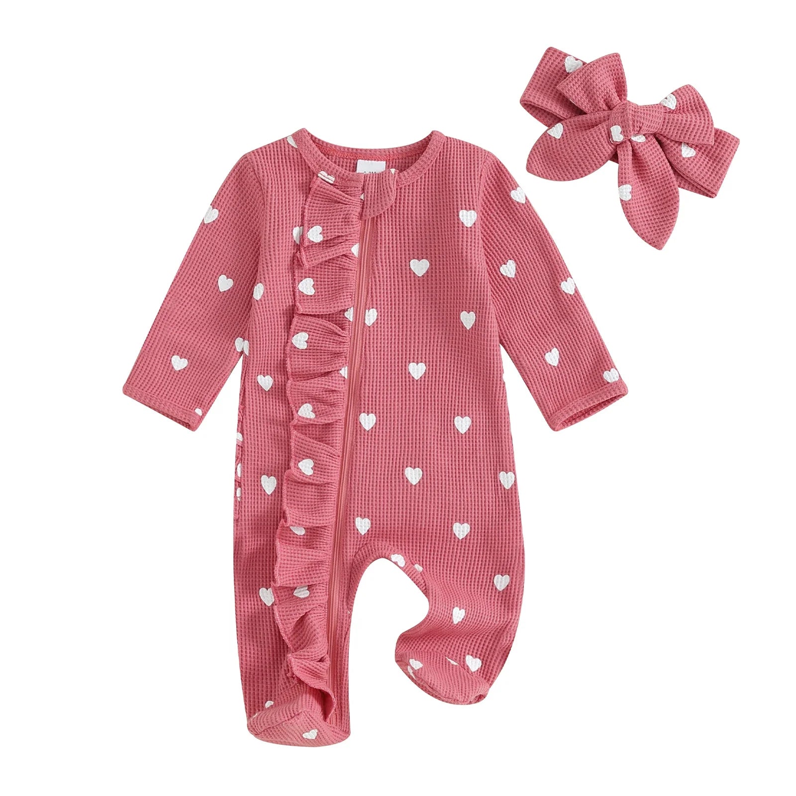 Barboteuse Bébé Fille à Bande – Manches Longues, Imprimé Cœur, Volants, Tissu Respirant, Cadeau Baby Shower | HeartRuffle by TrioNest™ Mon Adorable Bébé
