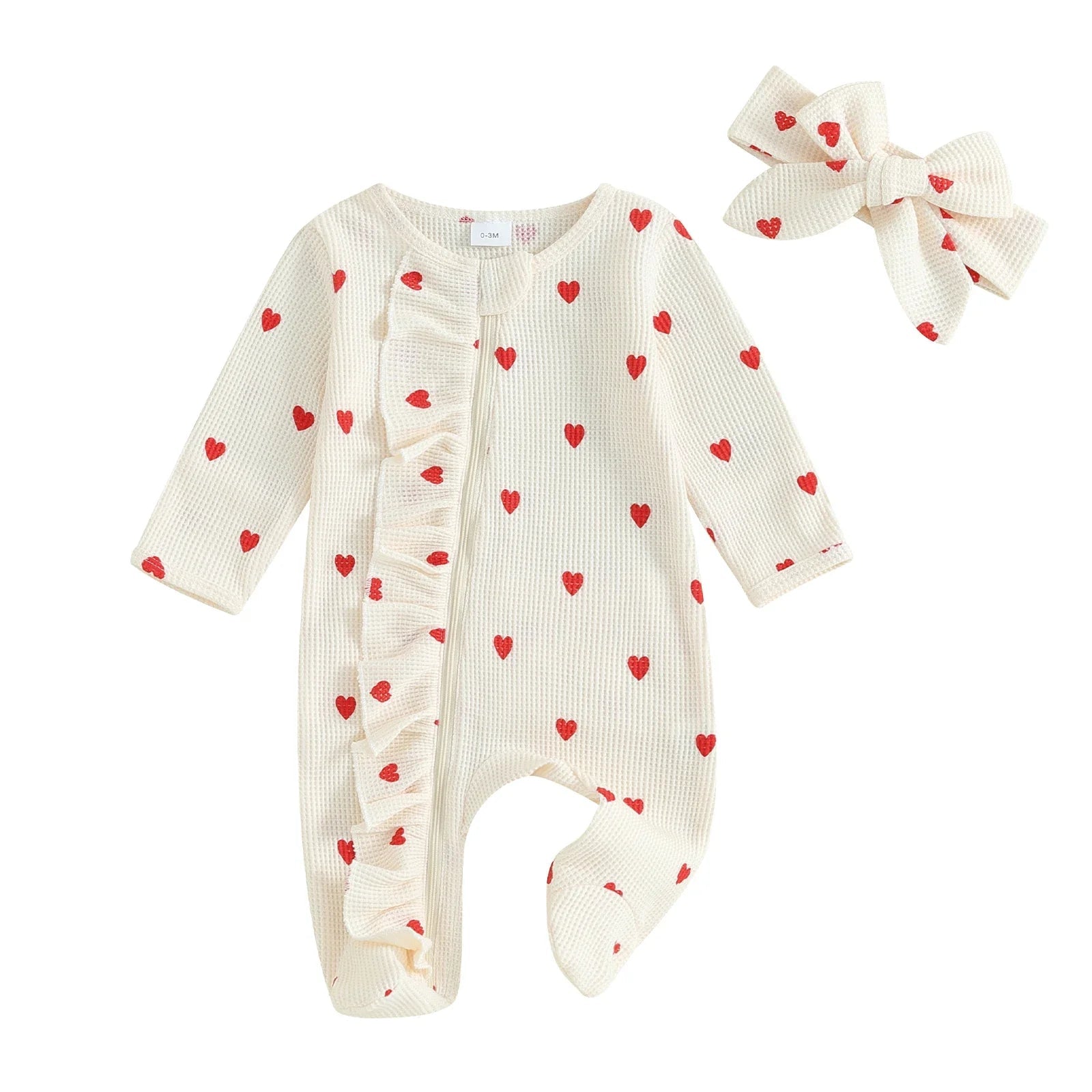 Barboteuse Bébé Fille à Bande – Manches Longues, Imprimé Cœur, Volants, Tissu Respirant, Cadeau Baby Shower | HeartRuffle by TrioNest™ Mon Adorable Bébé