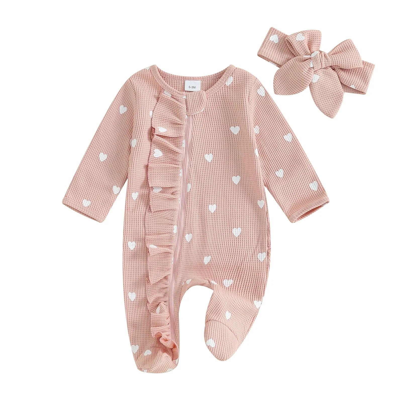Barboteuse Bébé Fille à Bande – Manches Longues, Imprimé Cœur, Volants, Tissu Respirant, Cadeau Baby Shower | HeartRuffle by TrioNest™ Mon Adorable Bébé