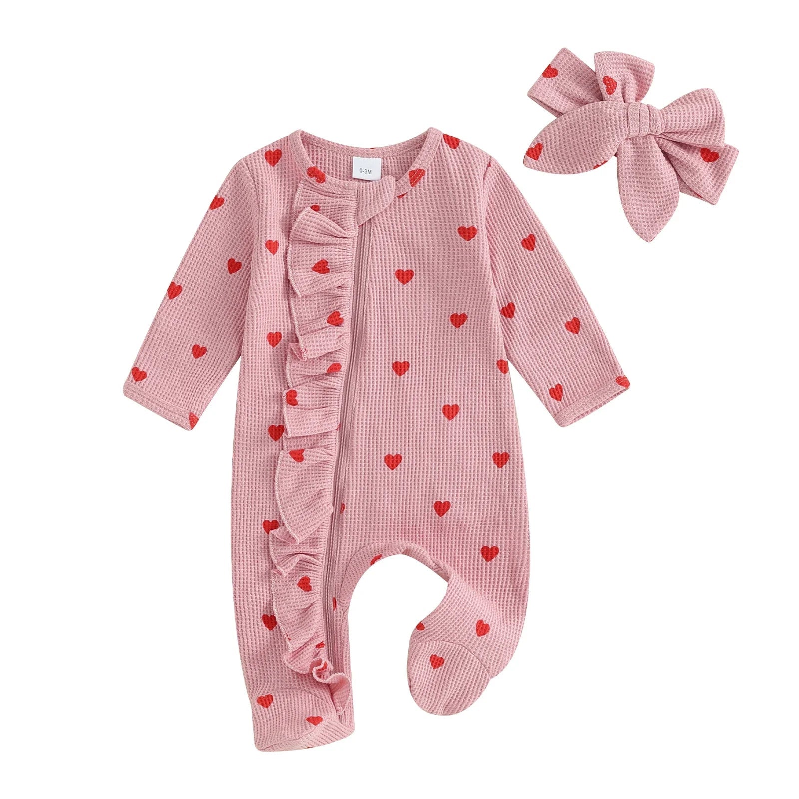 Barboteuse Bébé Fille à Bande – Manches Longues, Imprimé Cœur, Volants, Tissu Respirant, Cadeau Baby Shower | HeartRuffle by TrioNest™ Mon Adorable Bébé