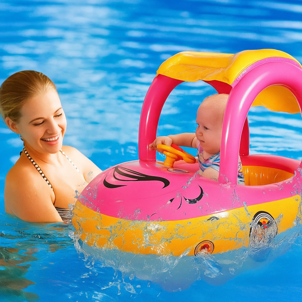 Bouée Bébé Voiture AquaDrive™ – Ombrelle Anti-UV, Volant Interactif & Flotteurs Stables 3-6 Ans | TrioNest™ Mon Adorable Bébé