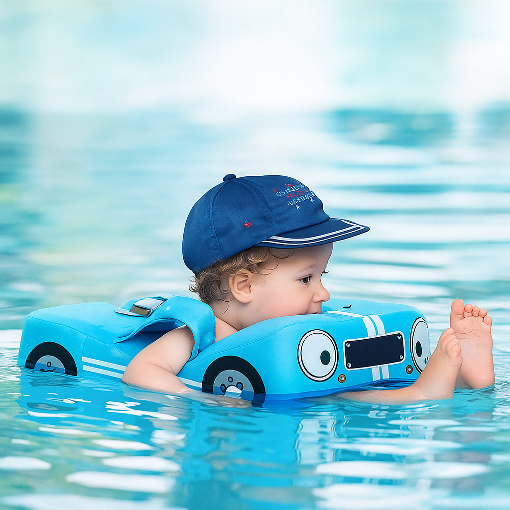 Bouée Bébé en Forme de Voiture FloatNest – Appui-Tête 40°, Mousse Perle IPX8, -3 Ans | TrioNest™ Mon Adorable Bébé