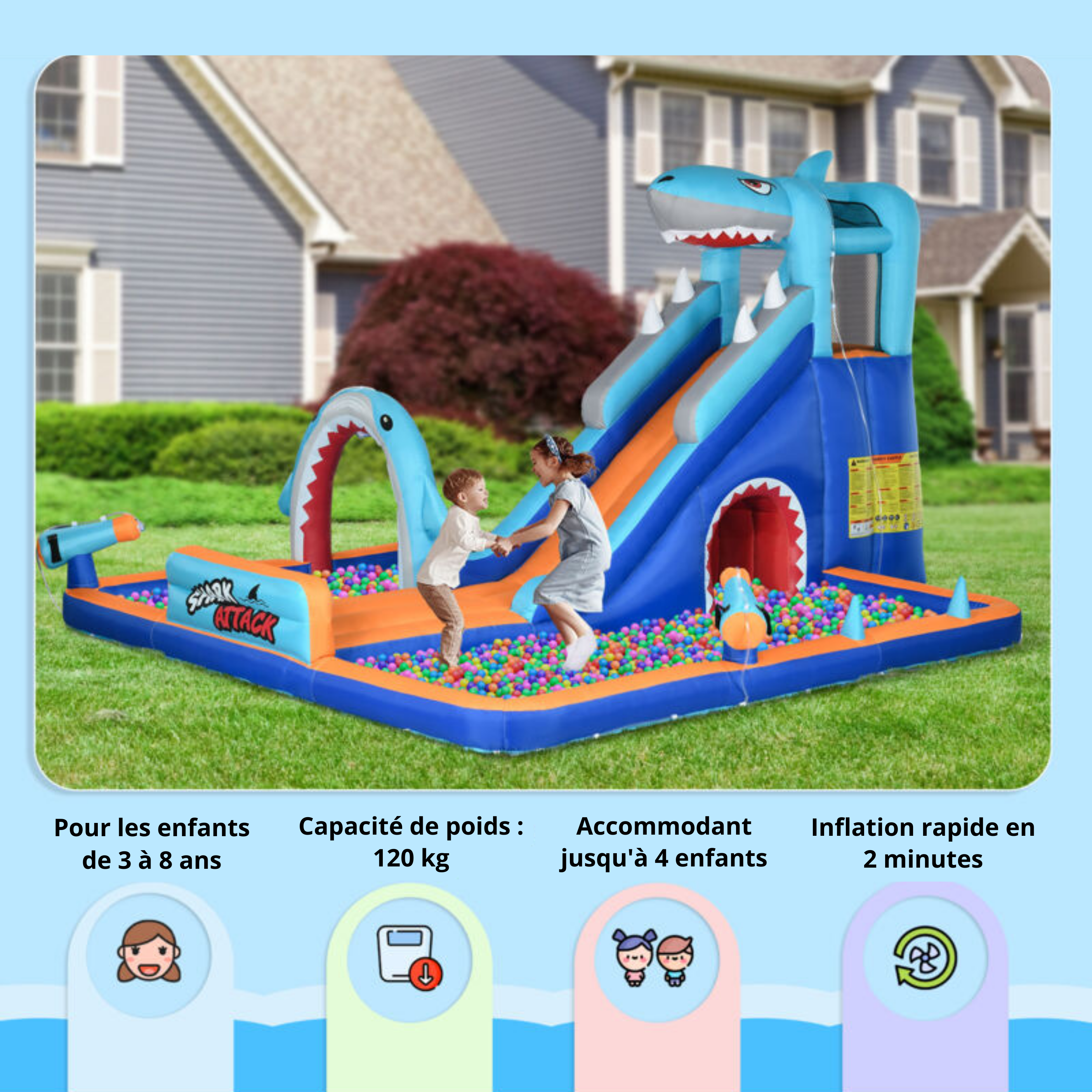Château Gonflable 6-en-1 Enfant 3-6 Ans – Toboggan Aquatique, Piscine, Requin, 4 Enfants | TrioNest™ Mon Adorable Bébé
