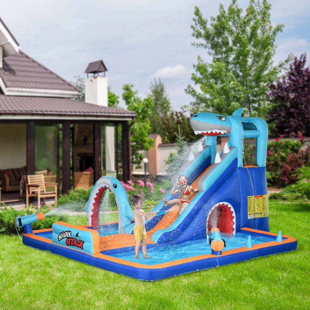 Château Gonflable 6-en-1 Enfant 3-6 Ans – Toboggan Aquatique, Piscine, Requin, 4 Enfants | TrioNest™ Mon Adorable Bébé
