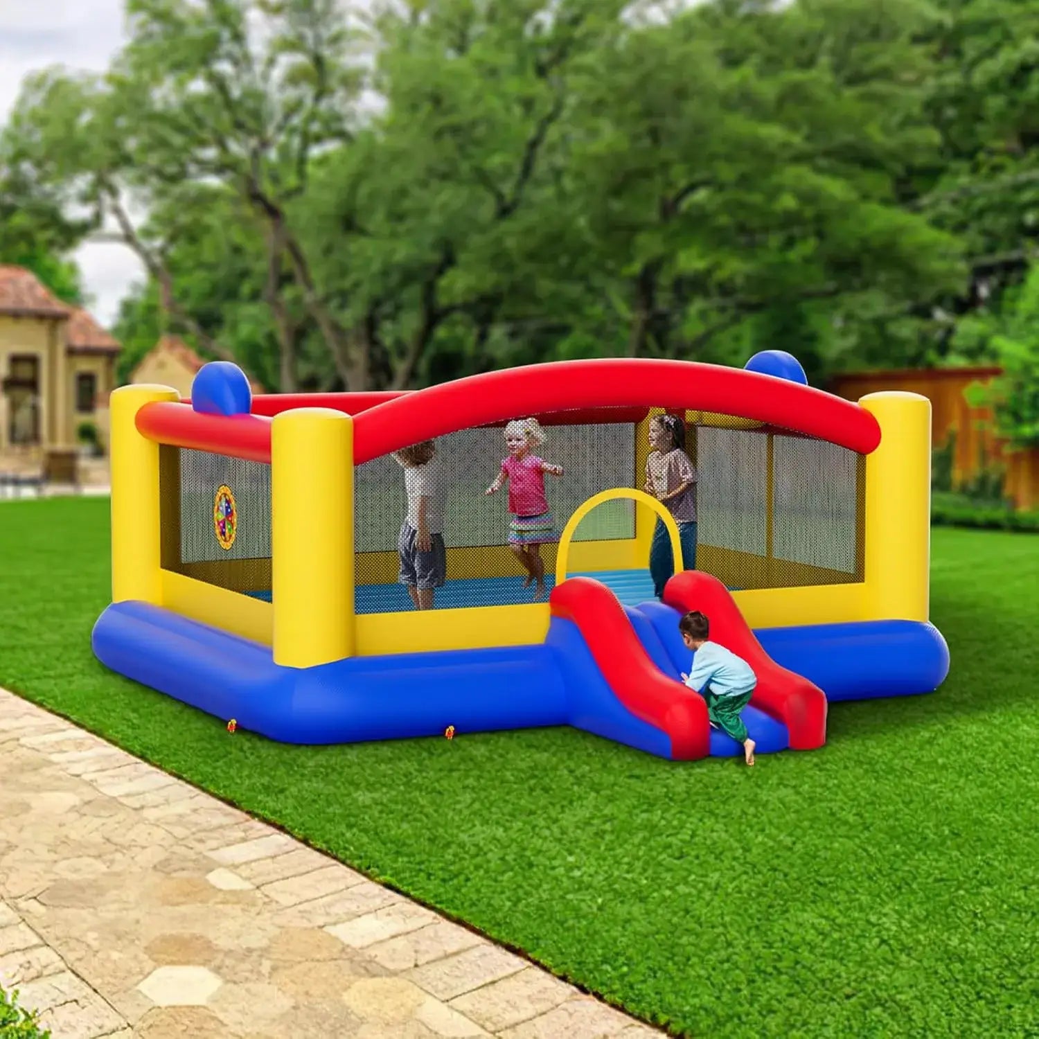 Château Gonflable à Filet Enfant 3-6 Ans – Toboggan, Trampoline, 181 kg, Certifié CE | NetBounce by TrioNest™ Mon Adorable Bébé