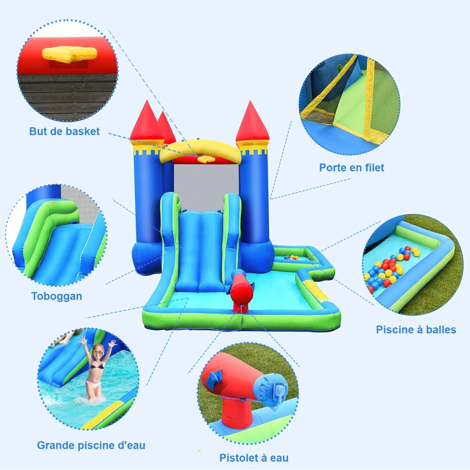 Château Gonflable Multi-Jeux 3-8 Ans – 30 Balles, Basketball, Aquatique, Oxford 840D, ASTM | JoyWorld by TrioNest™ Mon Adorable Bébé