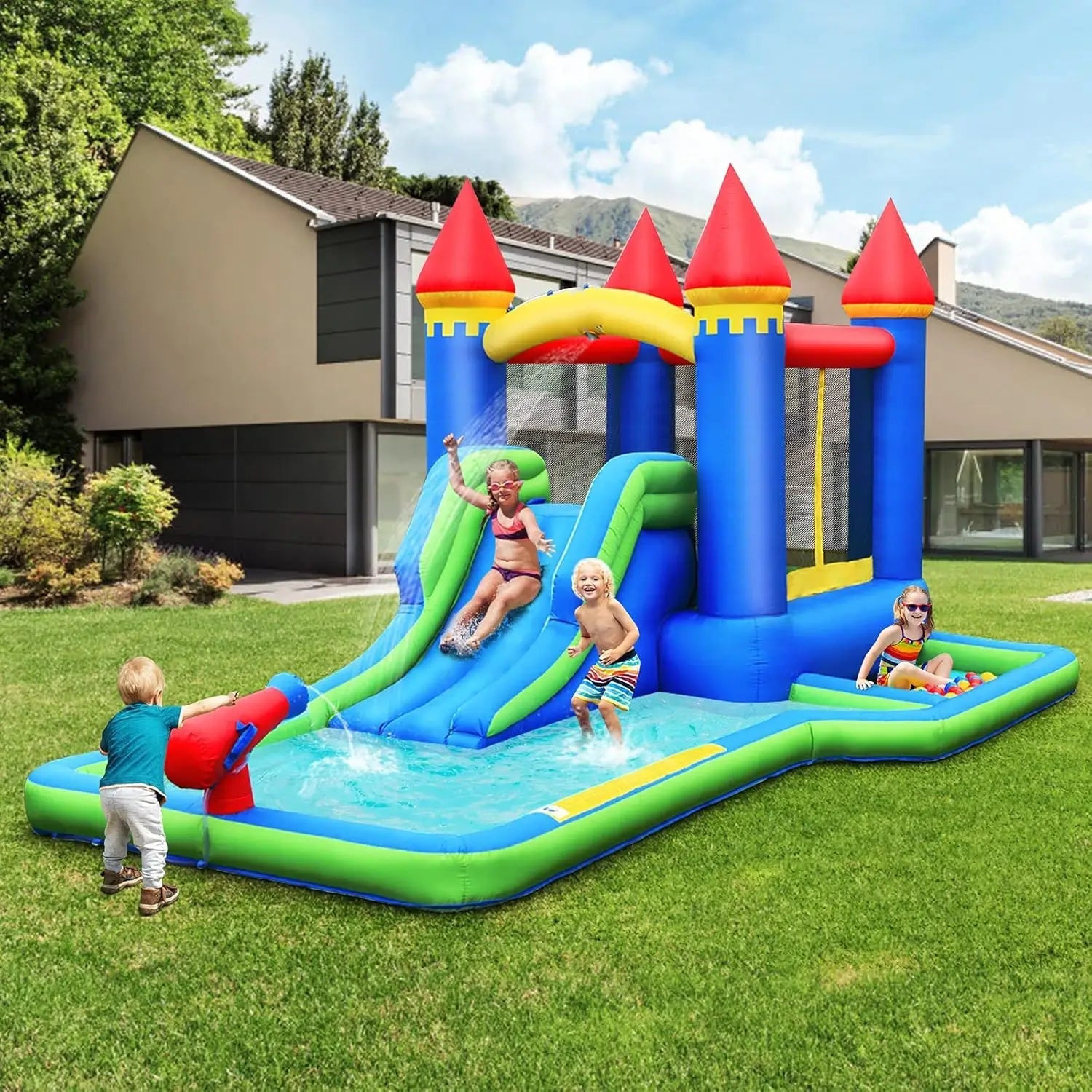 Château Gonflable Multi-Jeux 3-8 Ans – 30 Balles, Basketball, Aquatique, Oxford 840D, ASTM | JoyWorld by TrioNest™ Mon Adorable Bébé