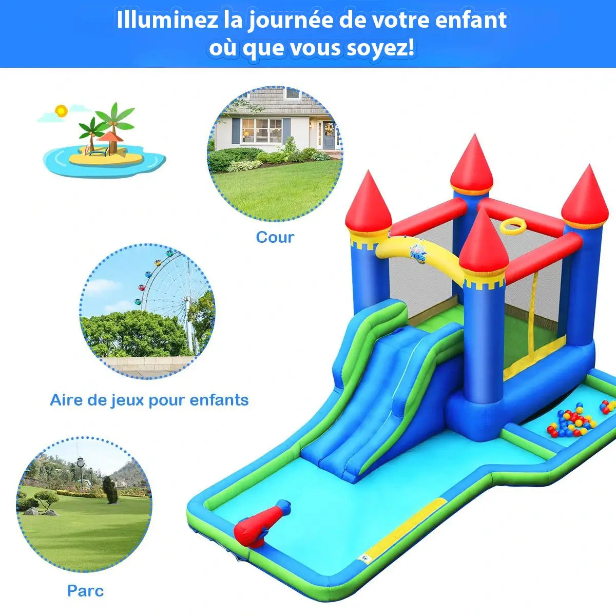 Château Gonflable Multi-Jeux 3-8 Ans – 30 Balles, Basketball, Aquatique, Oxford 840D, ASTM | JoyWorld by TrioNest™ Mon Adorable Bébé