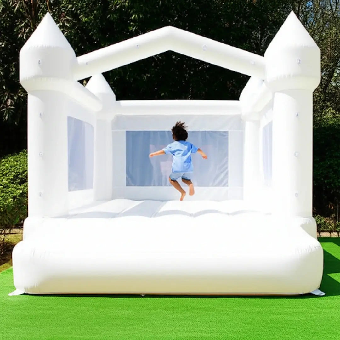 Château Gonflable Féérique Blanc – Toboggan, Fenêtres Transparentes, 5-8 Enfants, PVC & Nylon | DreamCastle by TrioNest™ Mon Adorable Bébé