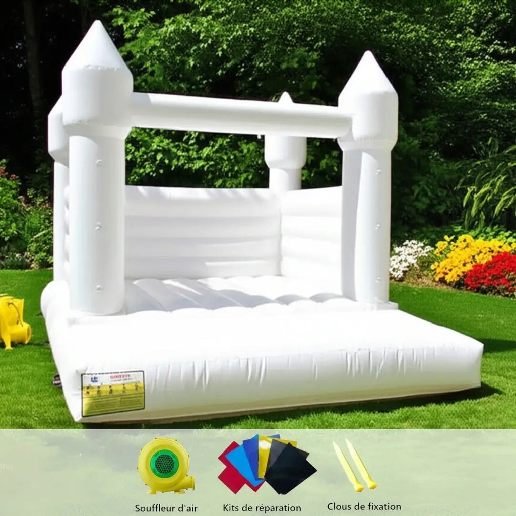 Château Gonflable Féérique Blanc – Toboggan, Fenêtres Transparentes, 5-8 Enfants, PVC & Nylon | DreamCastle by TrioNest™ Mon Adorable Bébé
