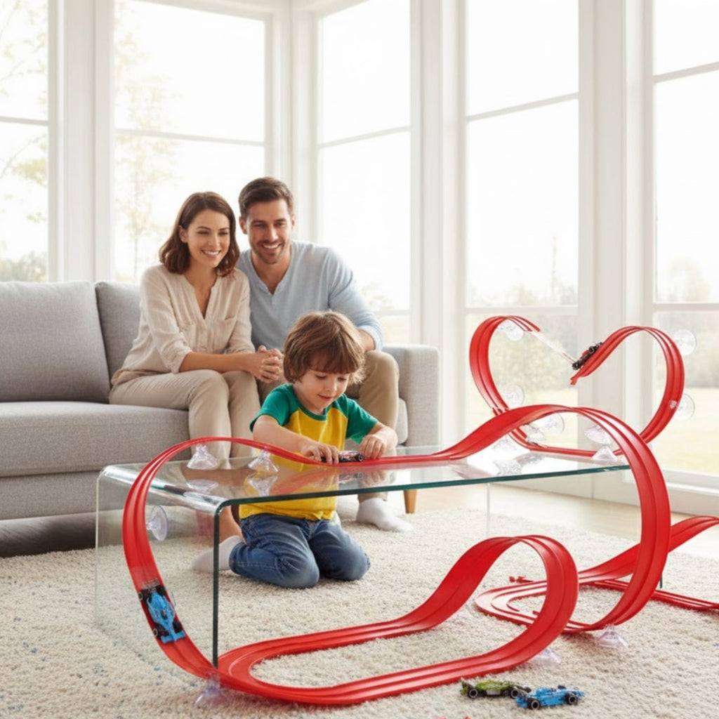 Circuit Voiture Enfant Flexible Silicone – Ventouses, 4,96 m, Murs & Fenêtres, Toutes Mini-Voitures | SiliTrack5M by TrioNest™