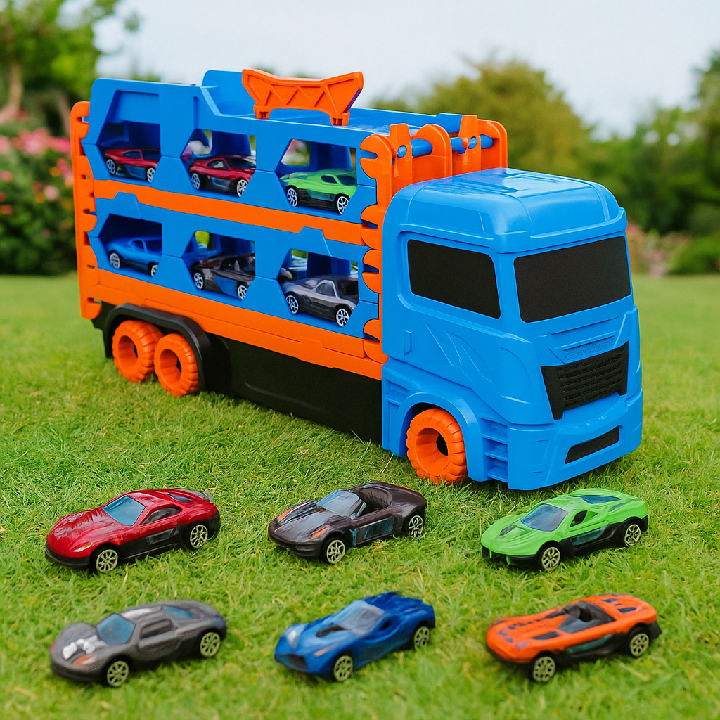 Circuit Voiture 2-en-1 Camion & Piste 164,5 cm – Pliable, Éjection Double, 6 Voitures, PP CE | TruckTrack2in1 by TrioNest™