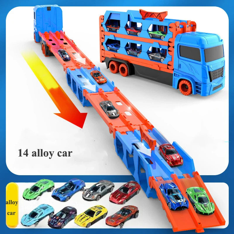 Circuit Voiture 2-en-1 Camion & Piste 164,5 cm – Pliable, Éjection Double, 6 Voitures, PP CE | TruckTrack2in1 by TrioNest™