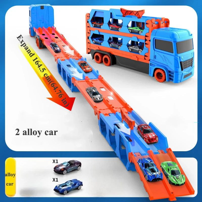 Circuit Voiture 2-en-1 Camion & Piste 164,5 cm – Pliable, Éjection Double, 6 Voitures, PP CE | TruckTrack2in1 by TrioNest™