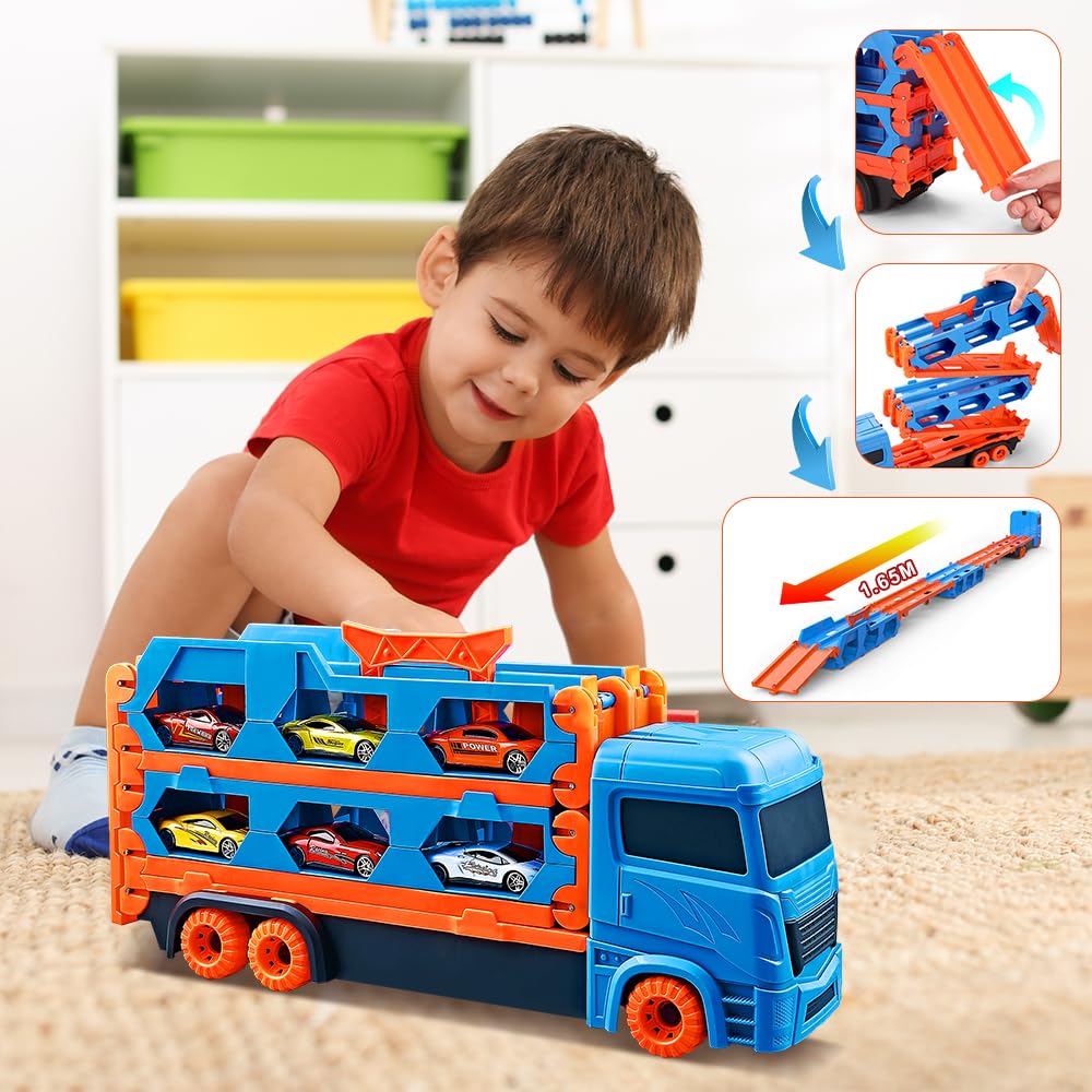 Circuit Voiture 2-en-1 Camion & Piste 164,5 cm – Pliable, Éjection Double, 6 Voitures, PP CE | TruckTrack2in1 by TrioNest™