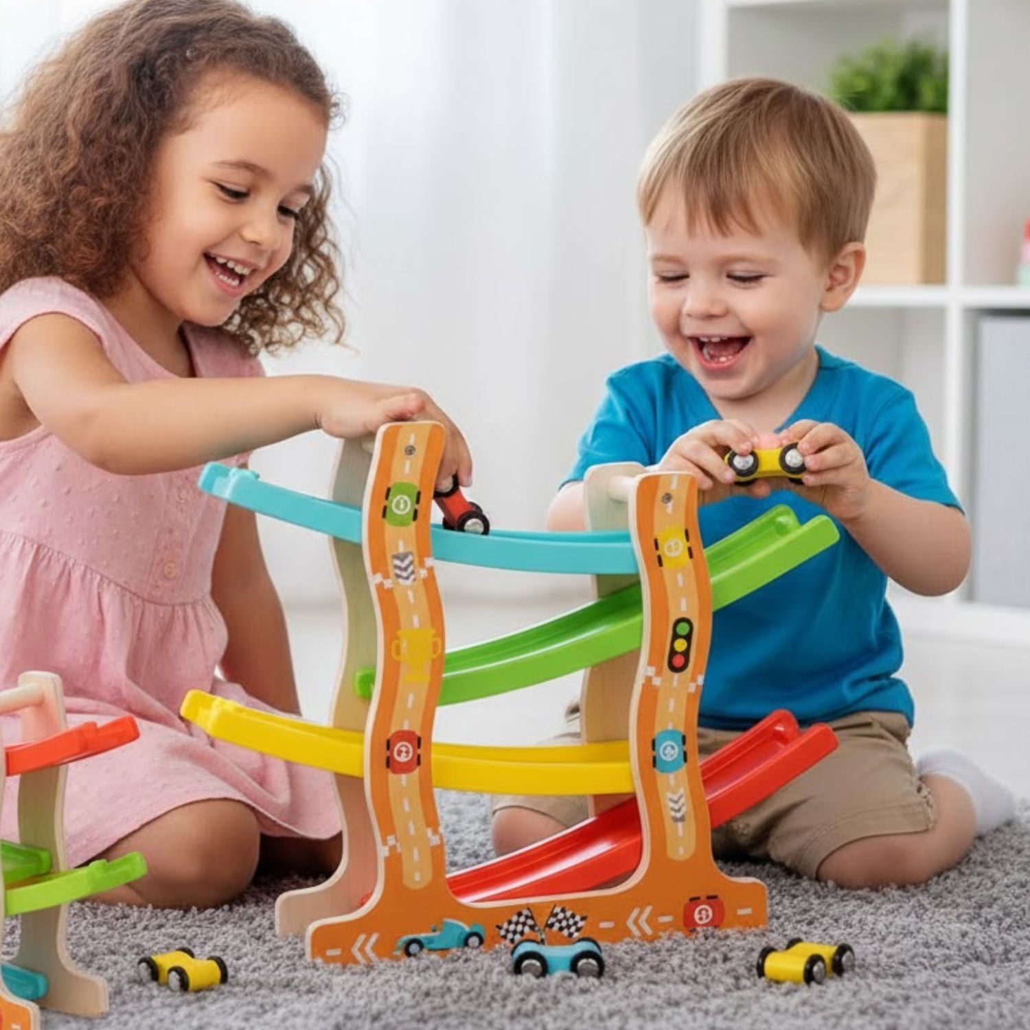 Circuit Voiture Bois TrackNest – 4 Pistes, Bois Massif, Peintures Non Toxiques, Dès 3 Ans | TrioNest™