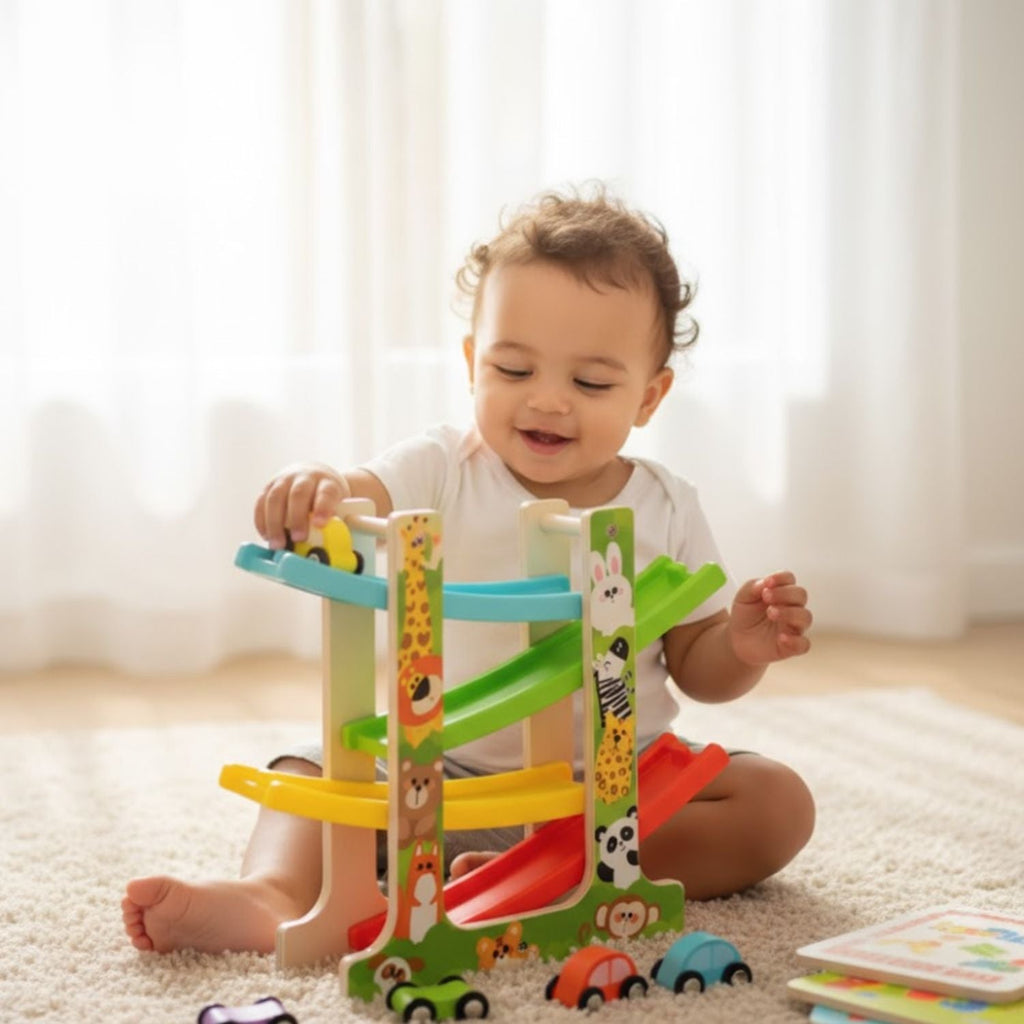 Circuit Voiture Bois TrackNest – 4 Pistes, Bois Massif, Peintures Non Toxiques, Dès 3 Ans | TrioNest™