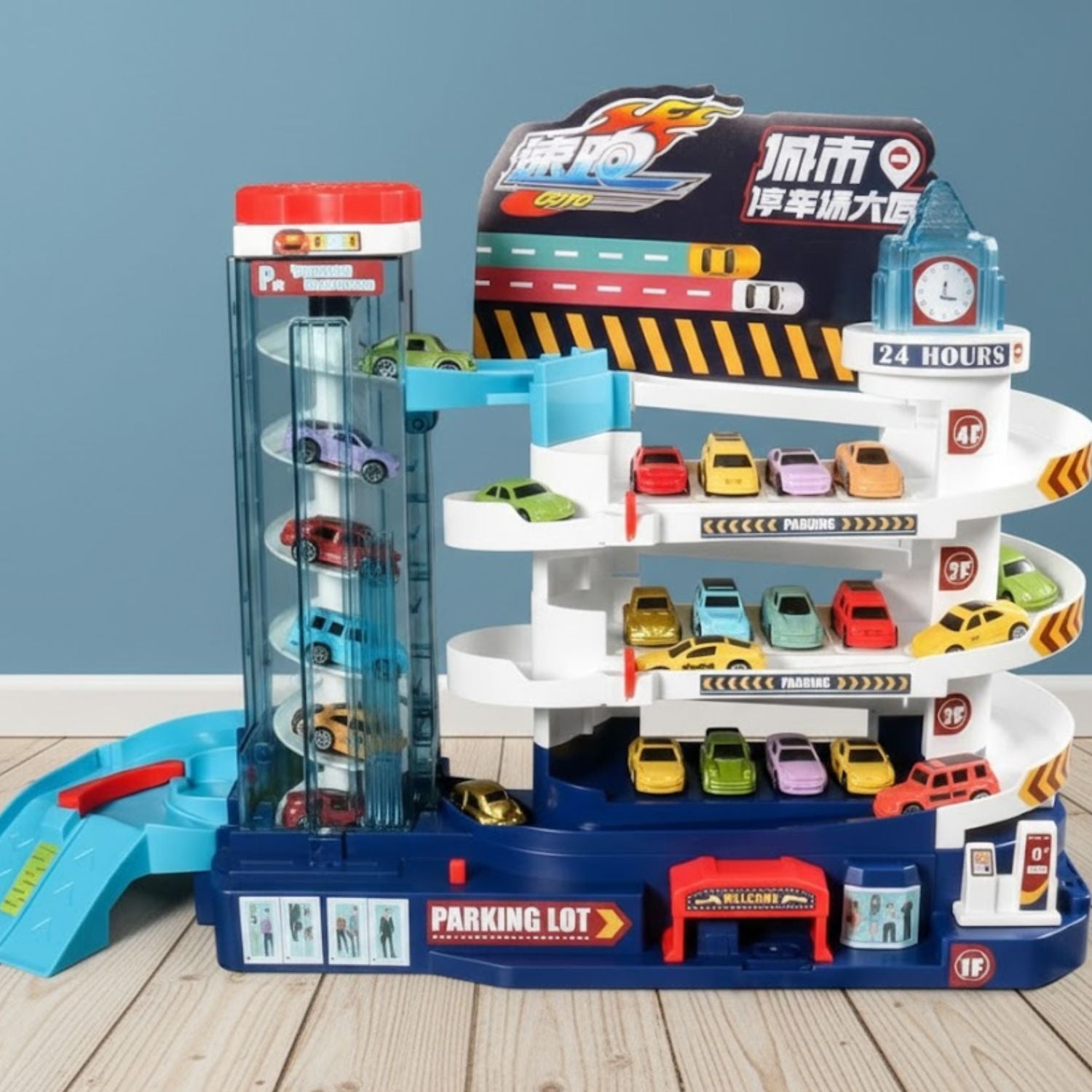 Circuit Voiture Électrique LED 2-en-1 – Parking 4 Niveaux, 16 Voitures, XXL, CE & 3C, 4-12 Ans | GlowPark4D by TrioNest™