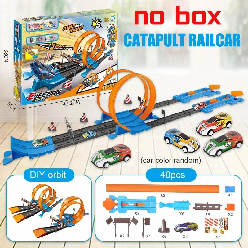 Circuit Voiture Électrique Cascadeurs Double Roues – Catapulte, Modulable, 4 Voitures Alliage, CE | CatapultTwist by TrioNest™
