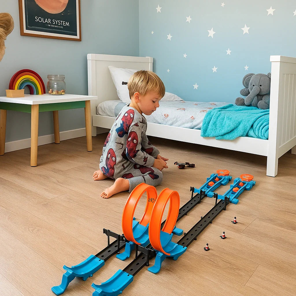 Circuit Voiture Électrique Cascadeurs Double Roues – Catapulte, Modulable, 4 Voitures Alliage, CE | CatapultTwist by TrioNest™