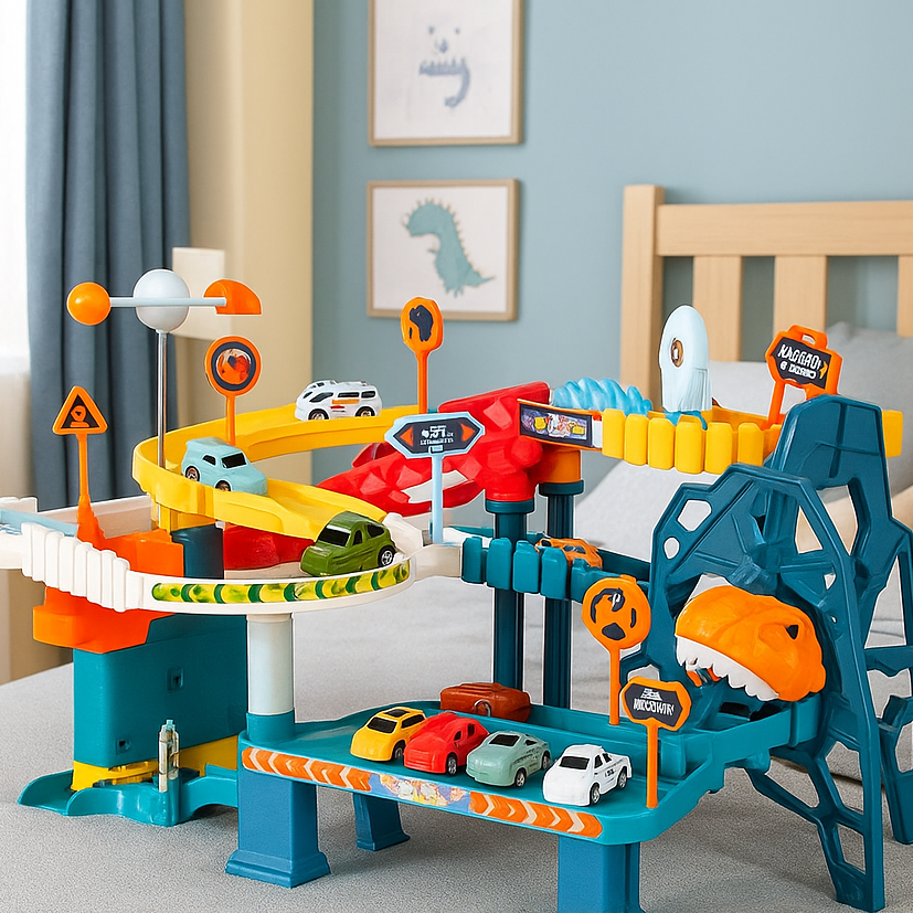 Circuit Voiture Rail Navette Spatiale – Ascenseur 360°, Spirales, LED, Sons, 2-en-1, CE, 4-12 Ans | OrbitRail360 by TrioNest™