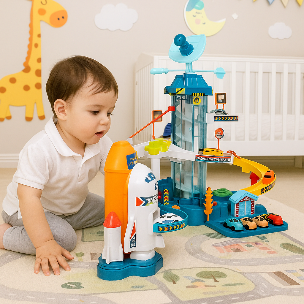 Circuit Voiture Rail Navette Spatiale – Ascenseur 360°, Spirales, LED, Sons, 2-en-1, CE, 4-12 Ans | OrbitRail360 by TrioNest™