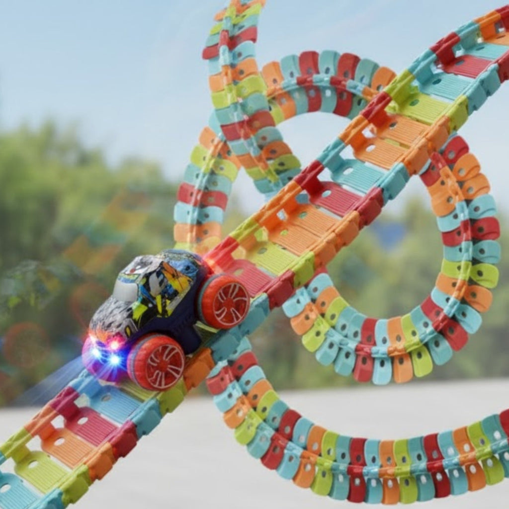 Circuit Voiture Enfant Dès 2 Ans – LED Intégrées, Segments Magnétiques, 2 m, ABS CE, Sans BPA | GlowTrack2 by TrioNest™