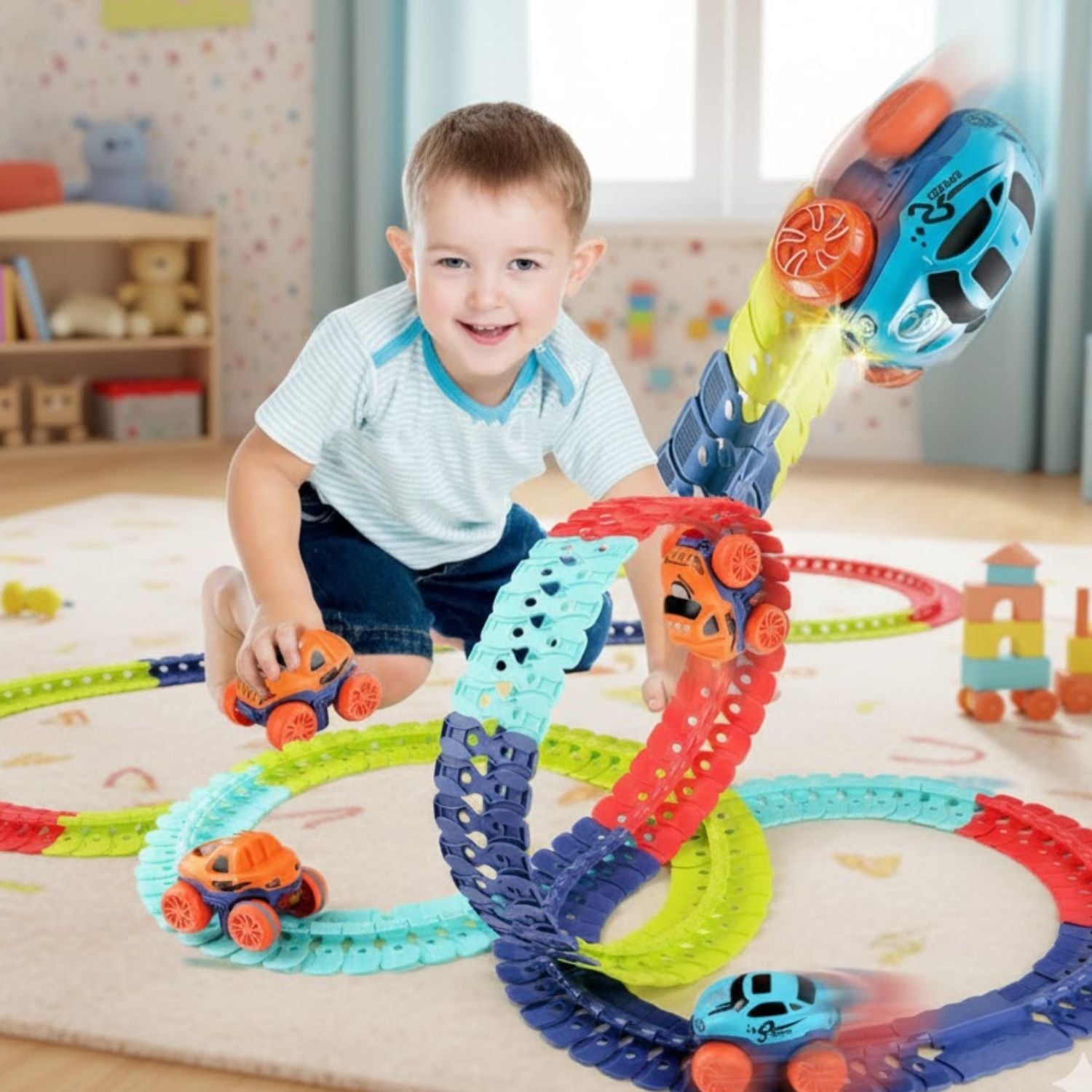 Circuit Voiture Enfant LED Modulable – Loopings, 3 Tailles jusqu'à 384 cm, ABS, Voitures Multicolores | CarLoop by TrioNest™