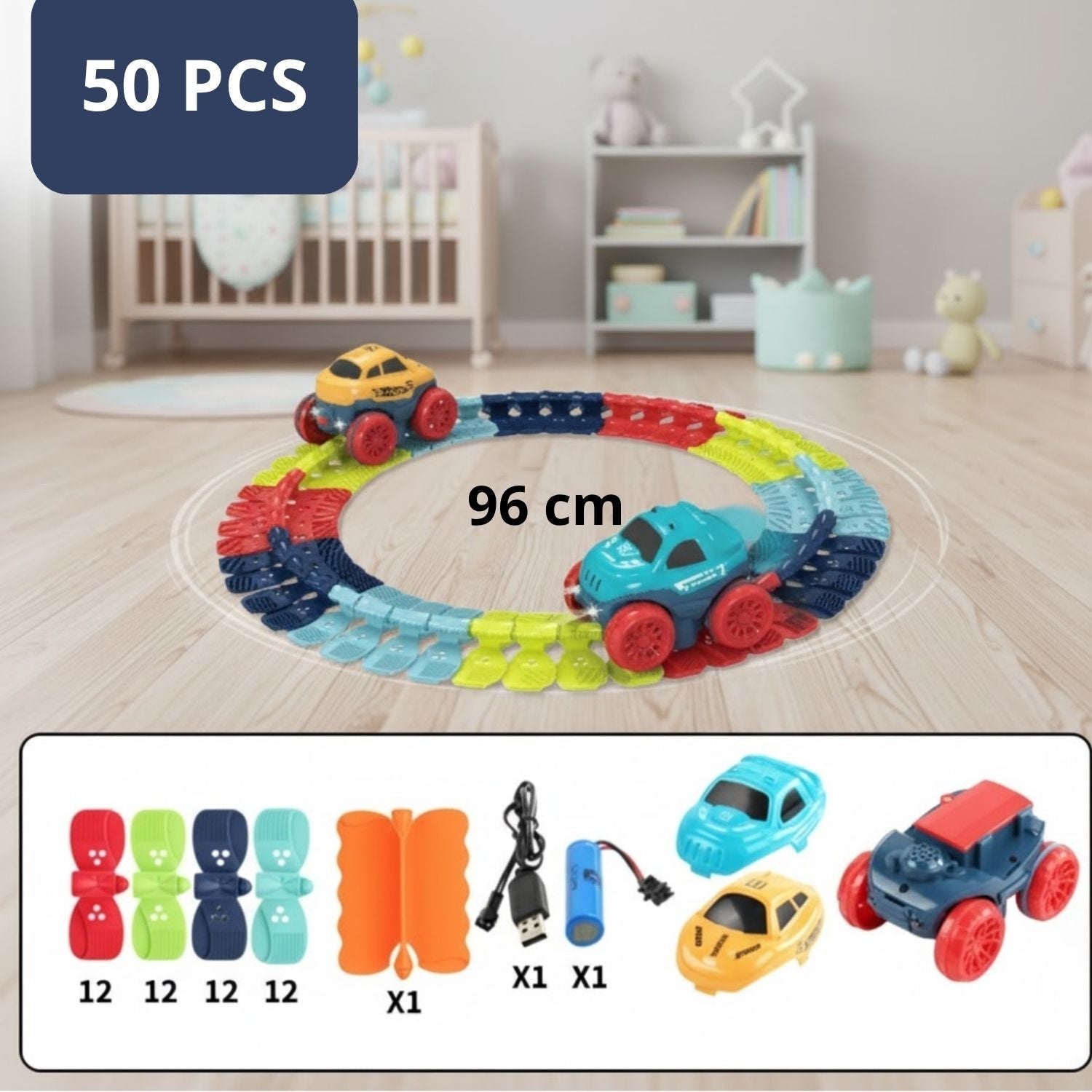 Circuit Voiture Enfant LED Modulable – Loopings, 3 Tailles jusqu'à 384 cm, ABS, Voitures Multicolores | CarLoop by TrioNest™