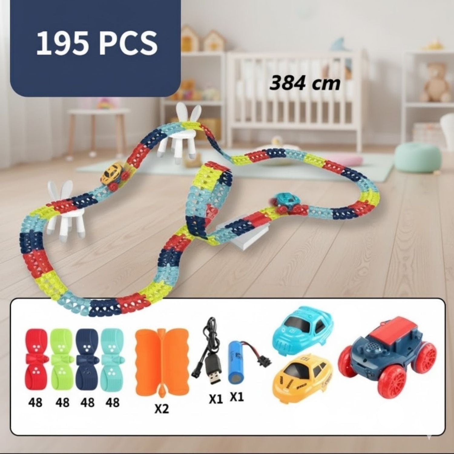 Circuit Voiture Enfant LED Modulable – Loopings, 3 Tailles jusqu'à 384 cm, ABS, Voitures Multicolores | CarLoop by TrioNest™