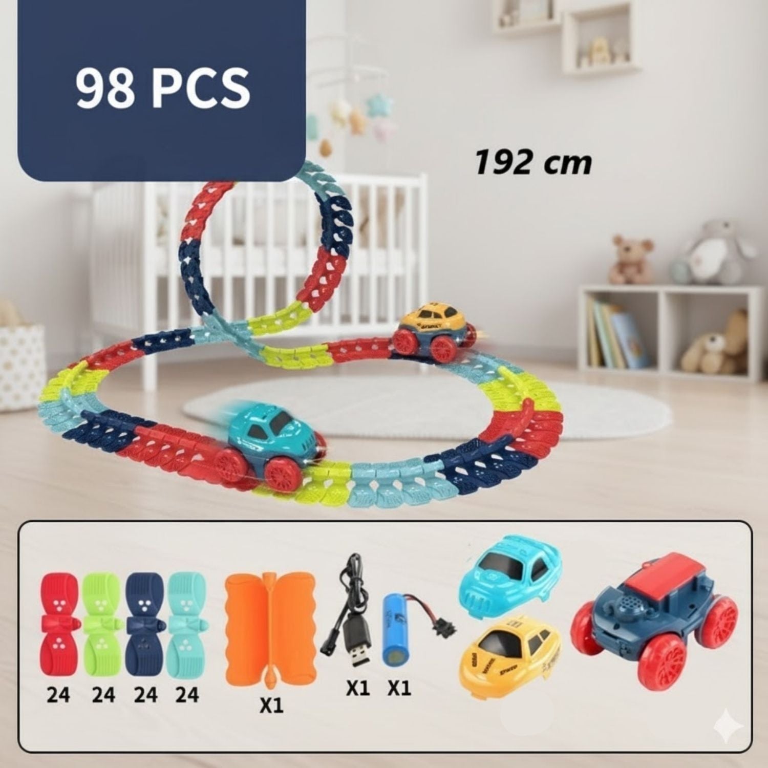 Circuit Voiture Enfant LED Modulable – Loopings, 3 Tailles jusqu'à 384 cm, ABS, Voitures Multicolores | CarLoop by TrioNest™