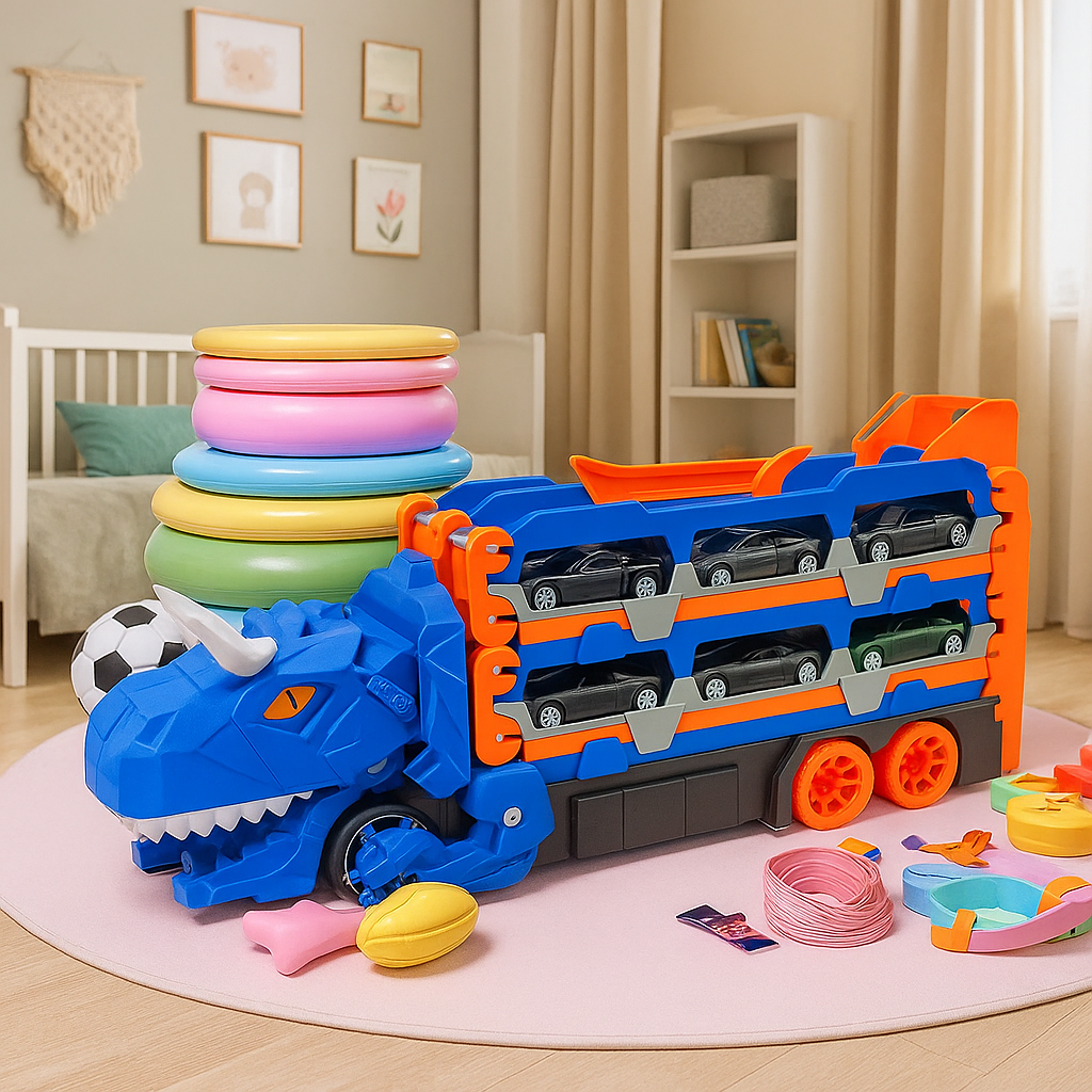 Circuit Voiture Enfant Garage Dinosaure 2-en-1 – Pliable, Tête Articulée, Voitures Numérotées, Sans Piles | DinoPark2in1 by TrioNest™