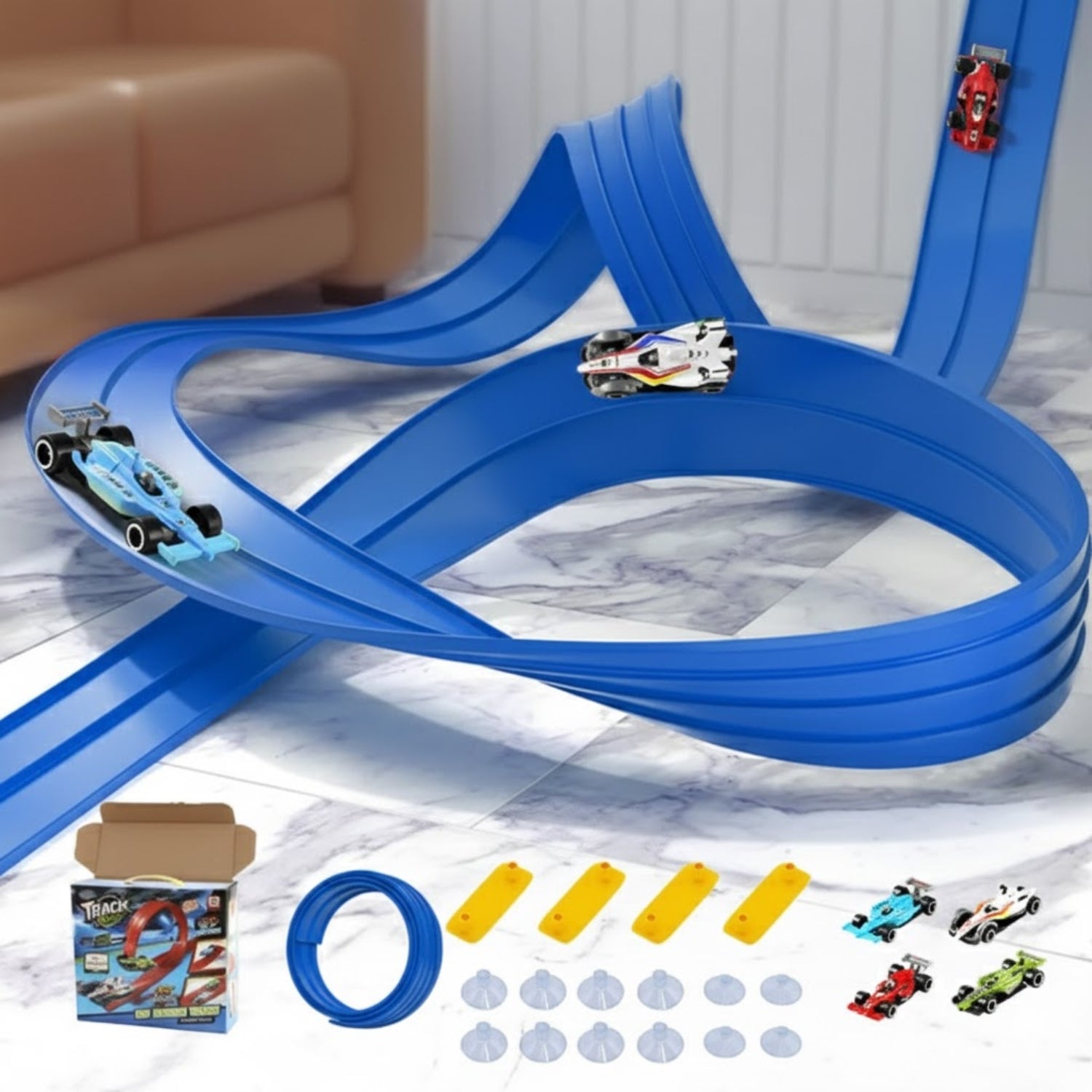 Circuit Voiture Enfant Flexible Silicone – Ventouses, 4,96 m, Murs & Fenêtres, Toutes Mini-Voitures | SiliTrack5M by TrioNest™