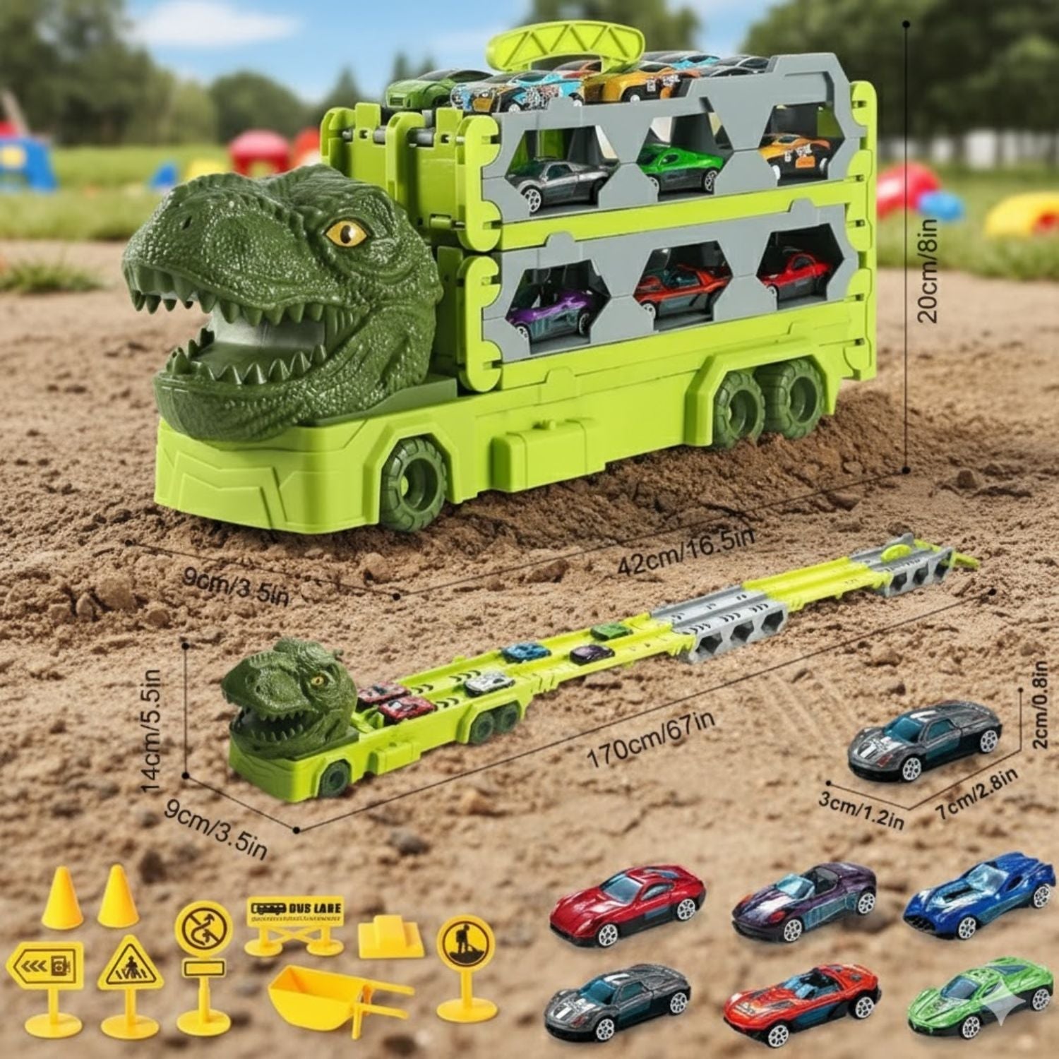 Circuit Voiture Enfant Dinosaure 170 cm – Camion Rangement, One-Touch, 6 Voitures, ABS CE, 4-12 Ans | DinoLoop170 by TrioNest™
