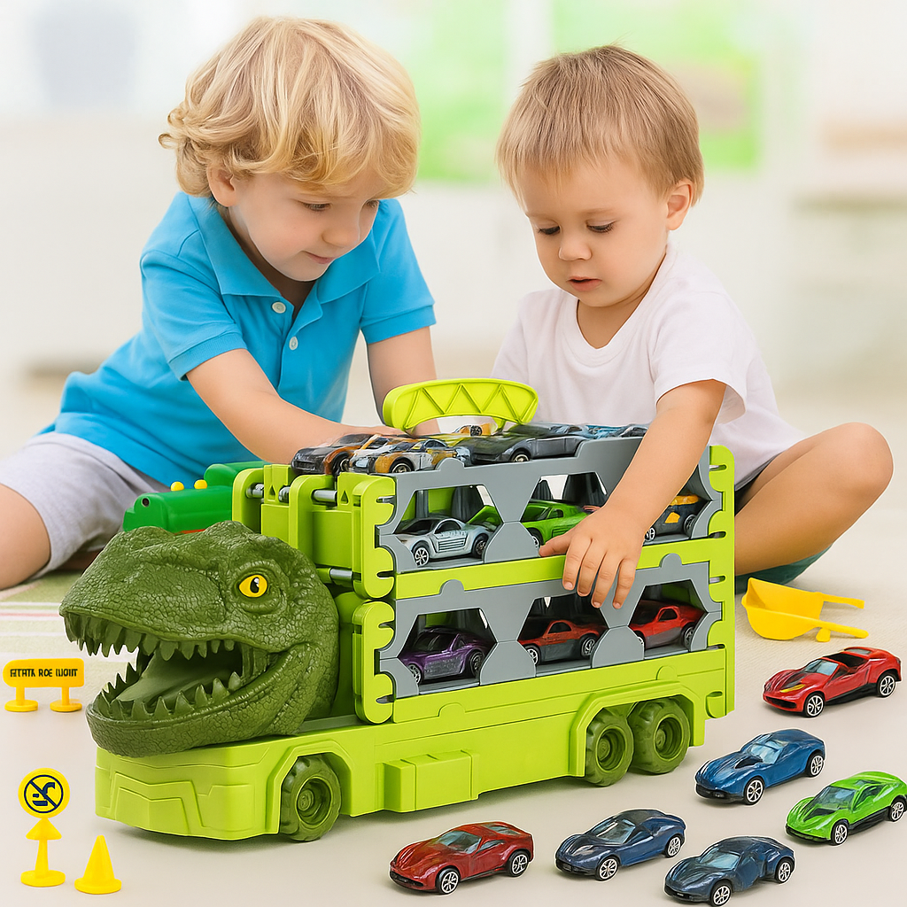 Circuit Voiture Enfant Dinosaure 170 cm – Camion Rangement, One-Touch, 6 Voitures, ABS CE, 4-12 Ans | DinoLoop170 by TrioNest™
