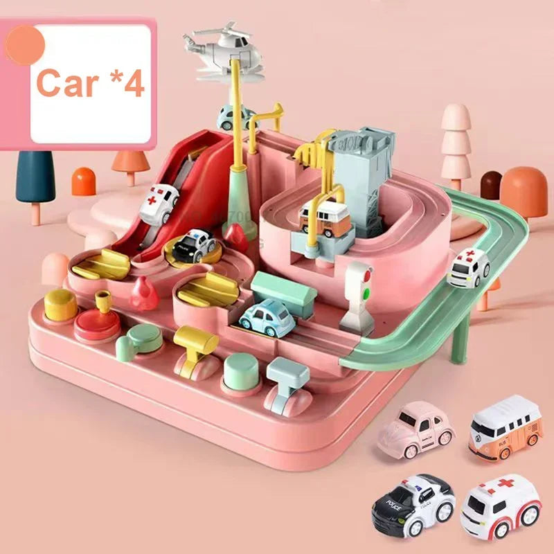 Circuit Voiture Interactif Éveil – 7 Niveaux, Leviers, Rampes, Boutons, ABS CE, Échelle 1:55 | EvoTrack7 by TrioNest™