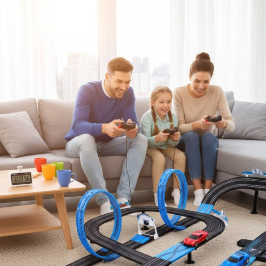 Circuit Voiture Télécommandée Double Piste – Chronométrage, Ponts 3D, LED, Sons, USB | DualRush3D by TrioNest™