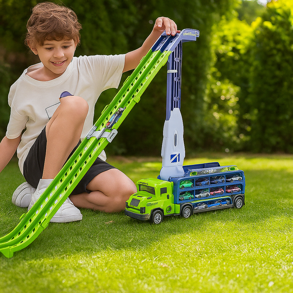 Circuit Voiture Transformable 3-en-1 – Camion, Lanceur, Piste, 6 Voitures Alliage, CE, 4-14 Ans | TransLaunch3 by TrioNest™